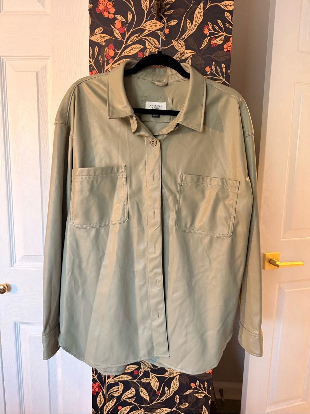American Eagle Sage Green Leather Button-Front Shirt Jacket